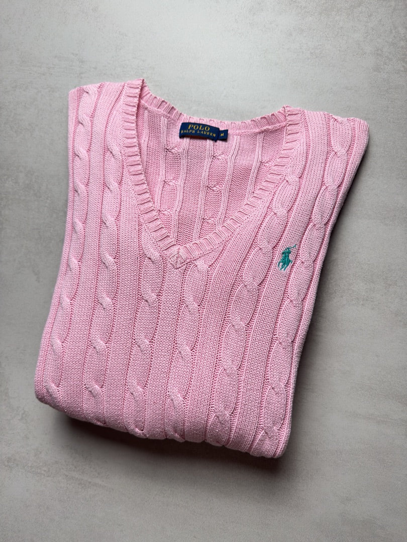 Pull col V rose clair femme M torsadé en maille cable knit femme Polo Ralph Lauren M W164