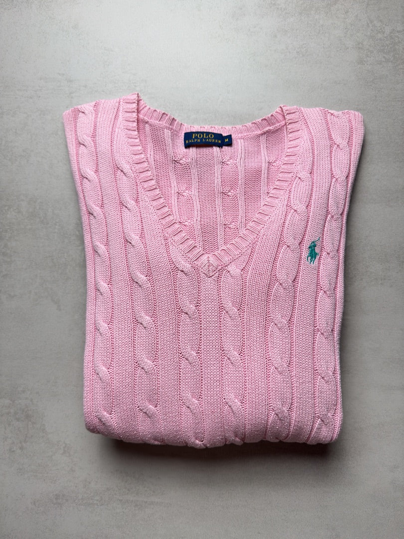 Pull col V rose clair femme M torsadé en maille cable knit femme Polo Ralph Lauren M W164