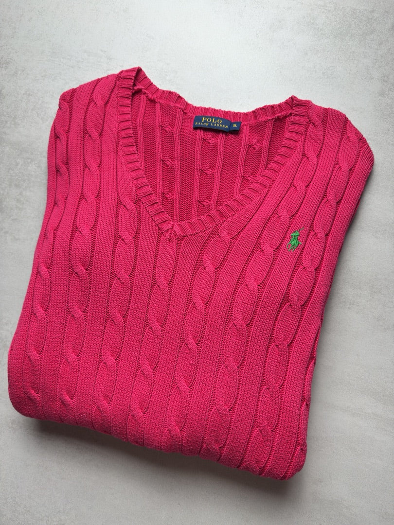 Pull col V femme Xl torsadé en maille cable knit femme Polo Ralph Lauren W165
