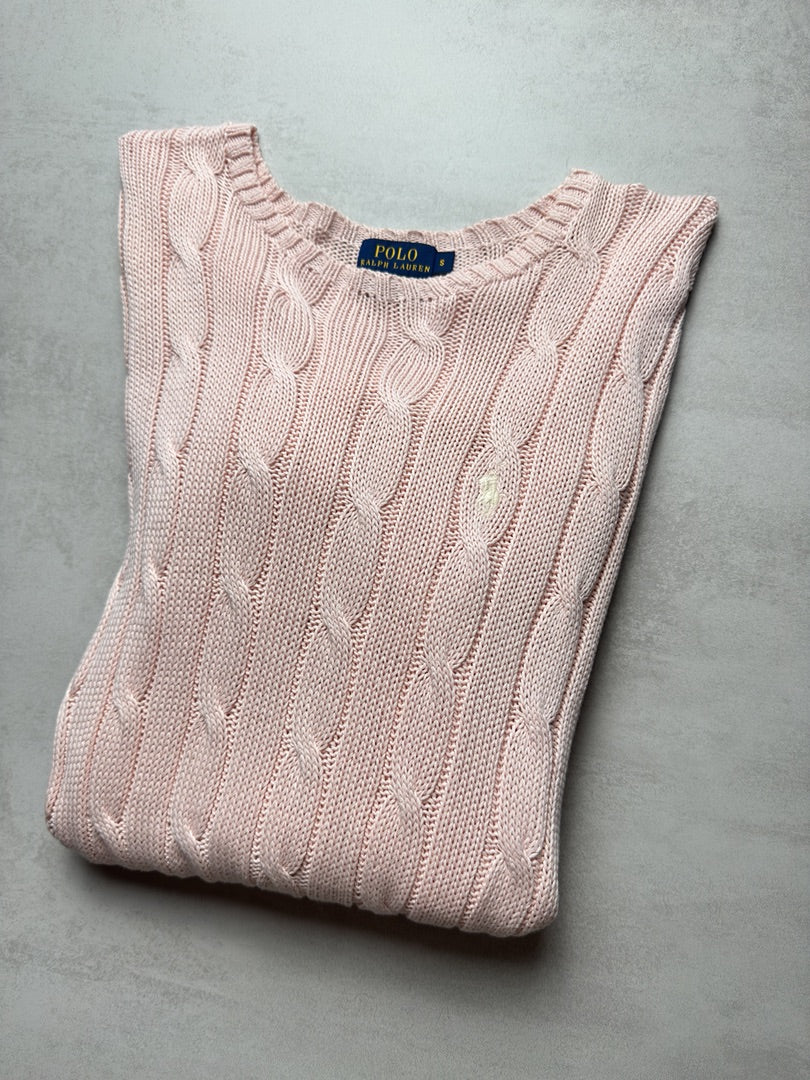Pull rose clair torsadé en maille cable knit femme Polo Ralph Lauren S W166
