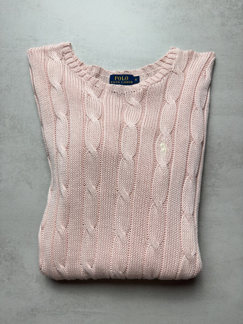 Pull rose clair torsadé en maille cable knit femme Polo Ralph Lauren S W166