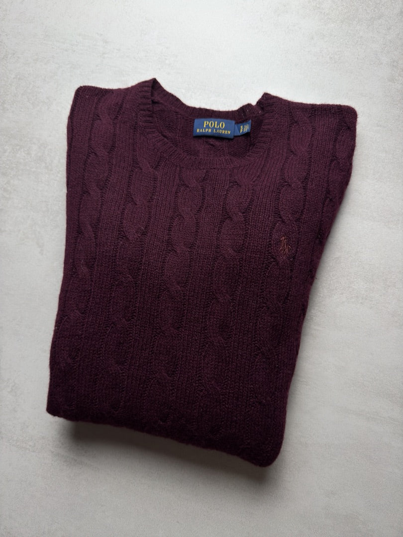 Pull laine et cachemire violet torsadé en maille cable knit femme Polo Ralph Lauren taille S W168