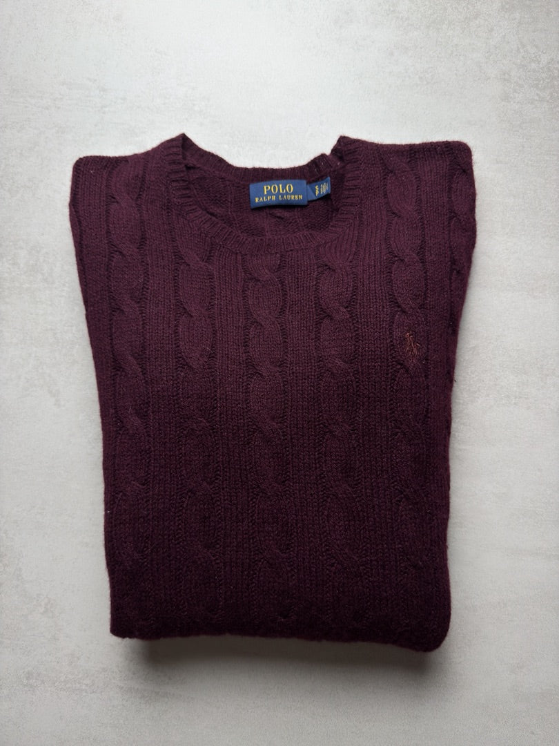 Pull laine et cachemire violet torsadé en maille cable knit femme Polo Ralph Lauren taille S W168