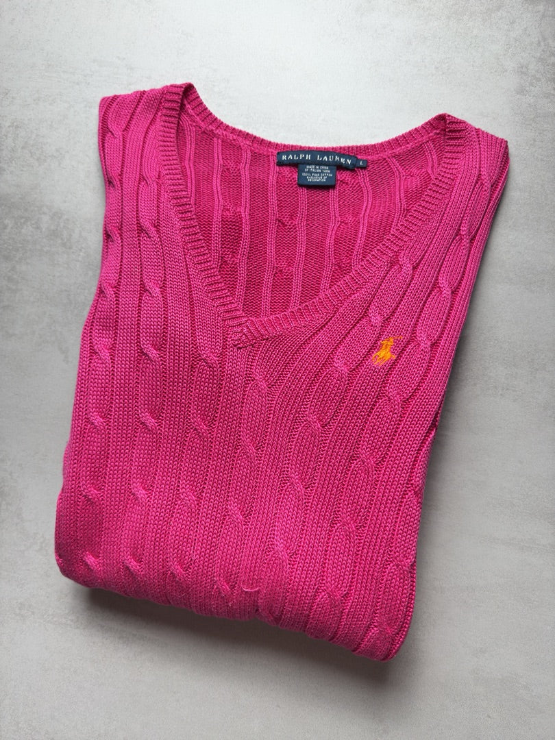 Pull col V femme rose torsadé en maille Ralph Lauren femme taille L W169