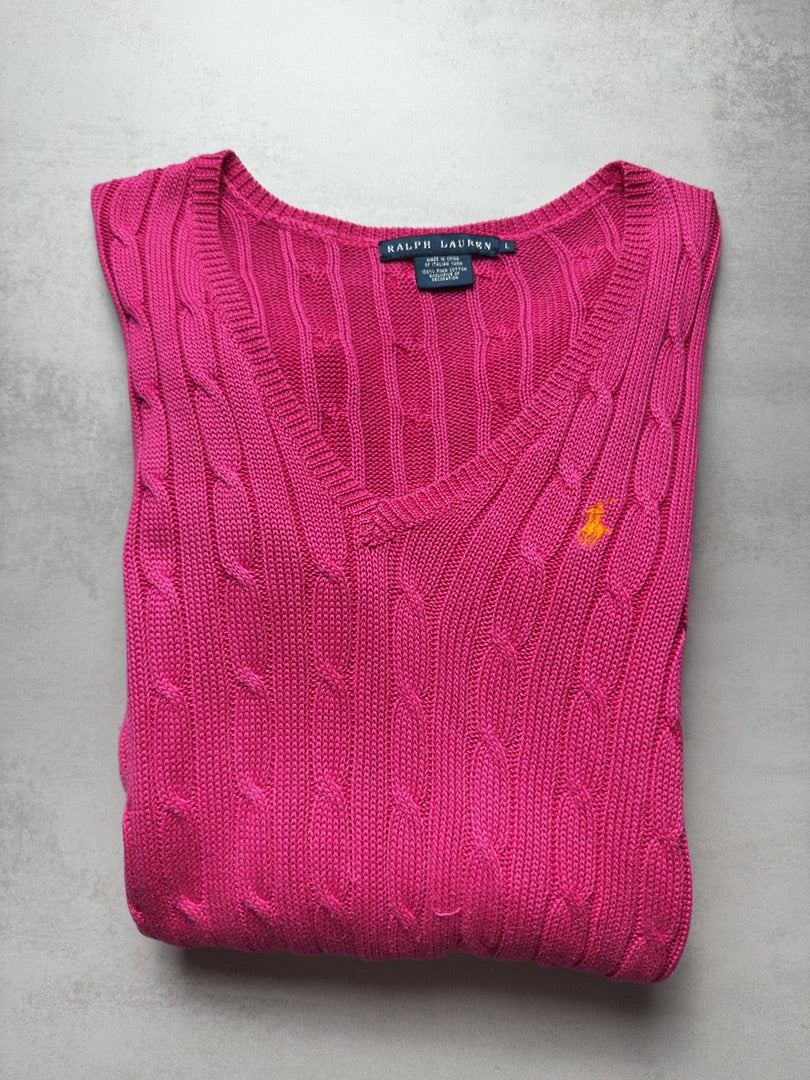 Pull col V femme rose torsadé en maille Ralph Lauren femme taille L W169