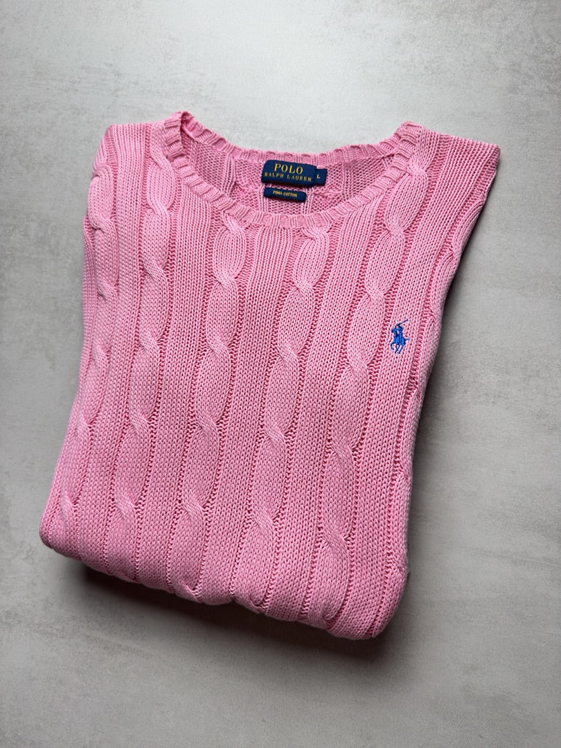 Pull rose clair torsadé en maille cable knit femme Polo Ralph Lauren femme L W171
