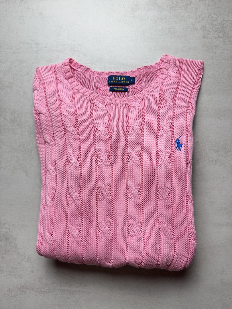 Pull rose clair torsadé en maille cable knit femme Polo Ralph Lauren femme L W171