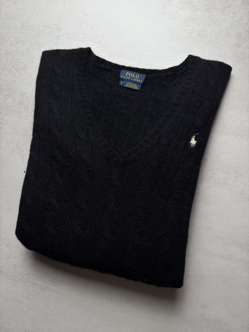 Pull laine et cachemire wool noir torsadé en maille cable knit femme Polo Ralph Lauren taille S W174
