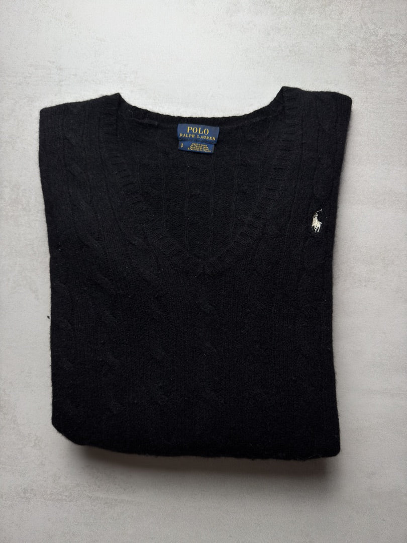 Pull laine et cachemire wool noir torsadé en maille cable knit femme Polo Ralph Lauren taille S W174