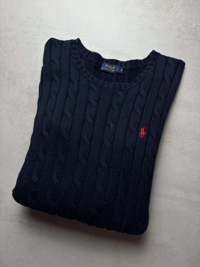 Pull bleu marine torsadé en maille logo rouge cable knit Polo Ralph Lauren taille femme L W175