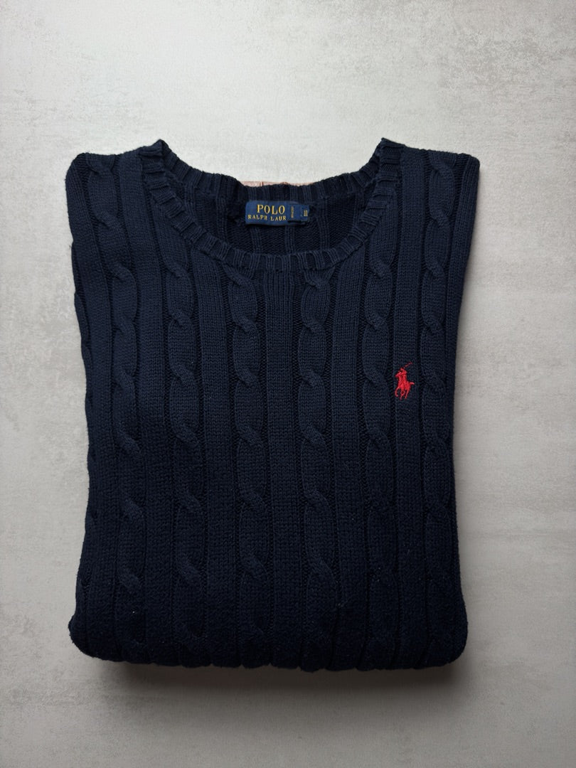 Pull bleu marine torsadé en maille logo rouge cable knit Polo Ralph Lauren taille femme L W175