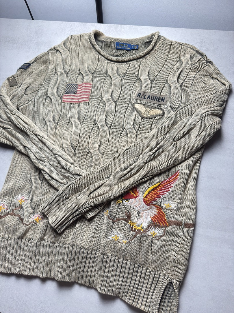 Pull vert kaki torsadé vintage brodé rare ancienne collection maille broderies Ralph Lauren femme M