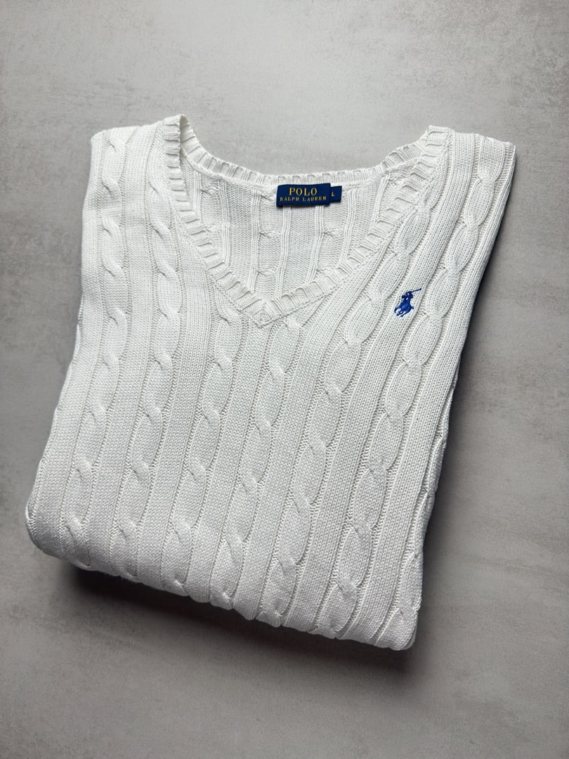 Pull col V femme L blanc logo bleu torsadé en maille cable knit femme Polo Ralph Lauren W176