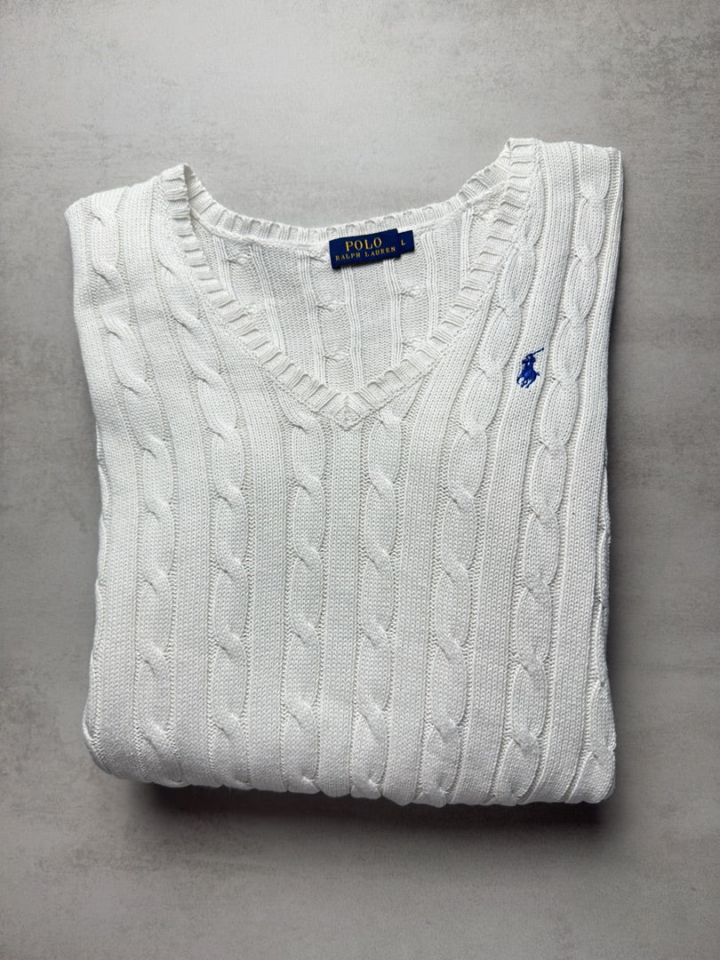 Pull col V femme L blanc logo bleu torsadé en maille cable knit femme Polo Ralph Lauren W176