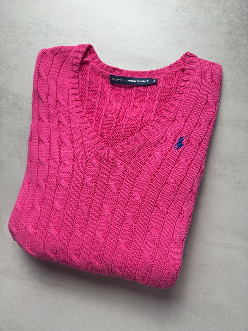 Pull col V femme S rose torsadé en maille Ralph Lauren Sport femme taille S W177