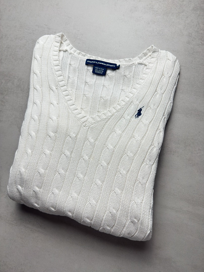Pull blanc col V femme L torsadé en maille Ralph Lauren Sport blanc taille W179