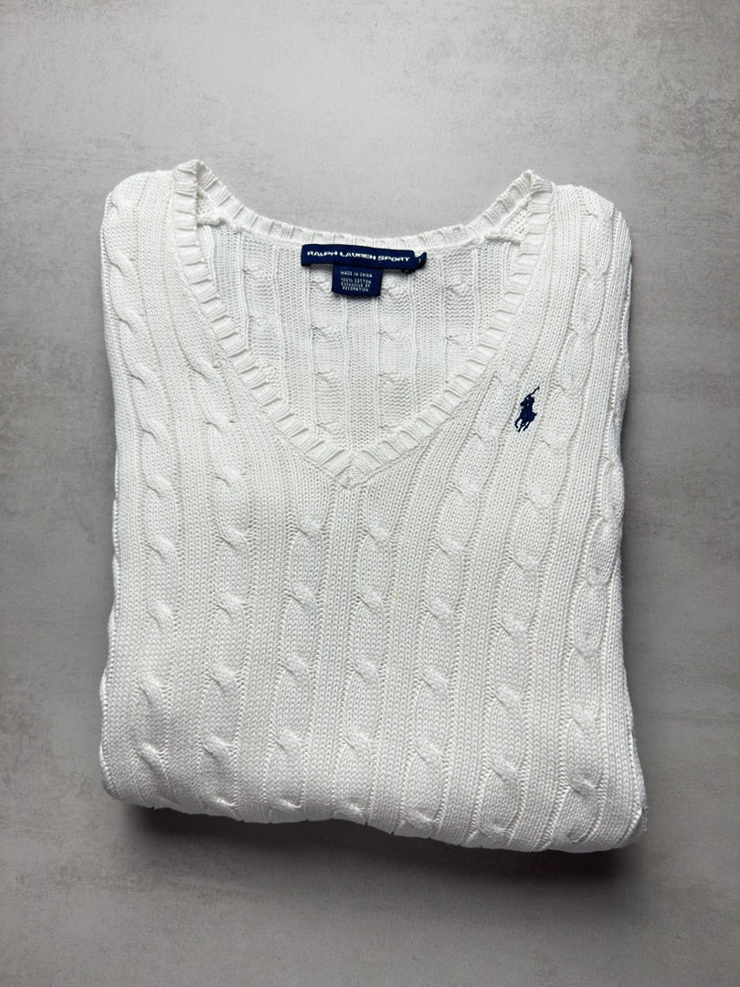 Pull blanc col V femme L torsadé en maille Ralph Lauren Sport blanc taille W179