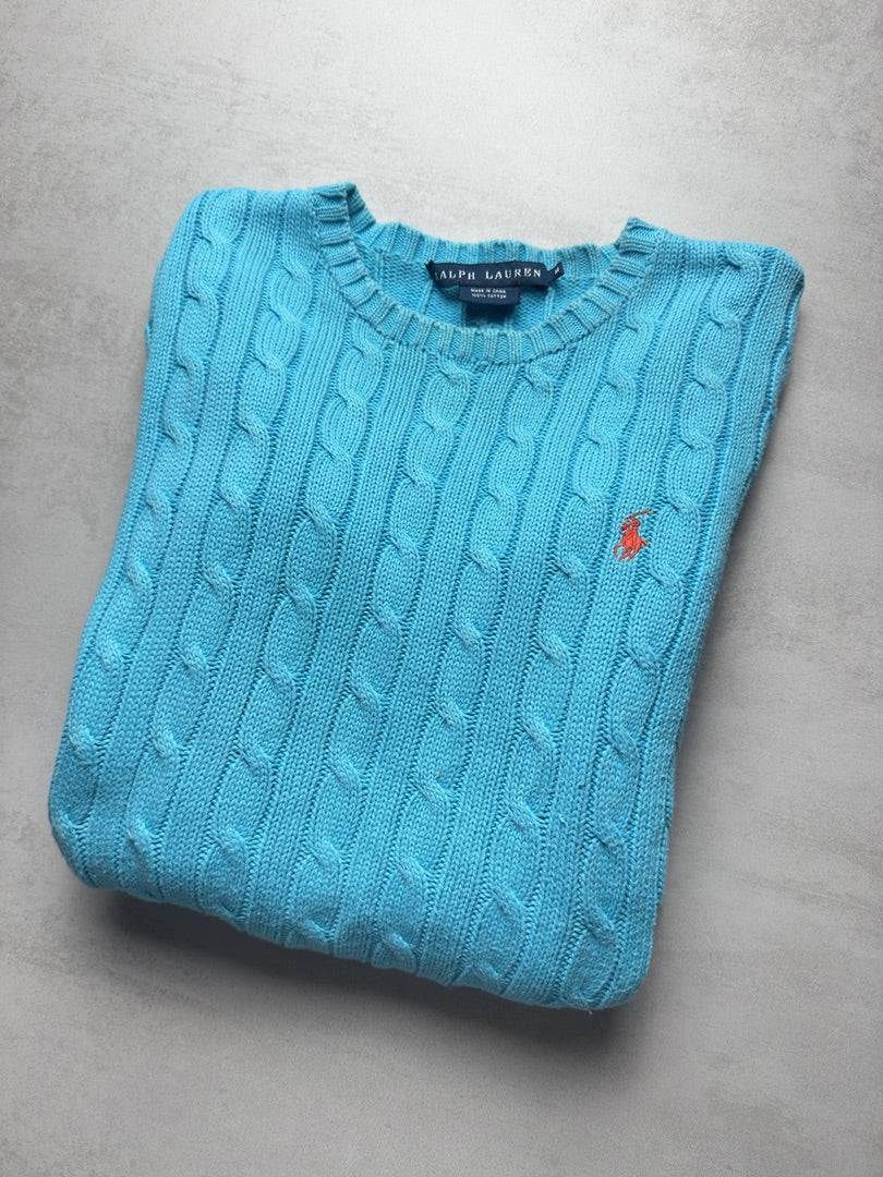Pull bleu turquoise torsadé en maille Ralph Lauren femme M turquoise W181