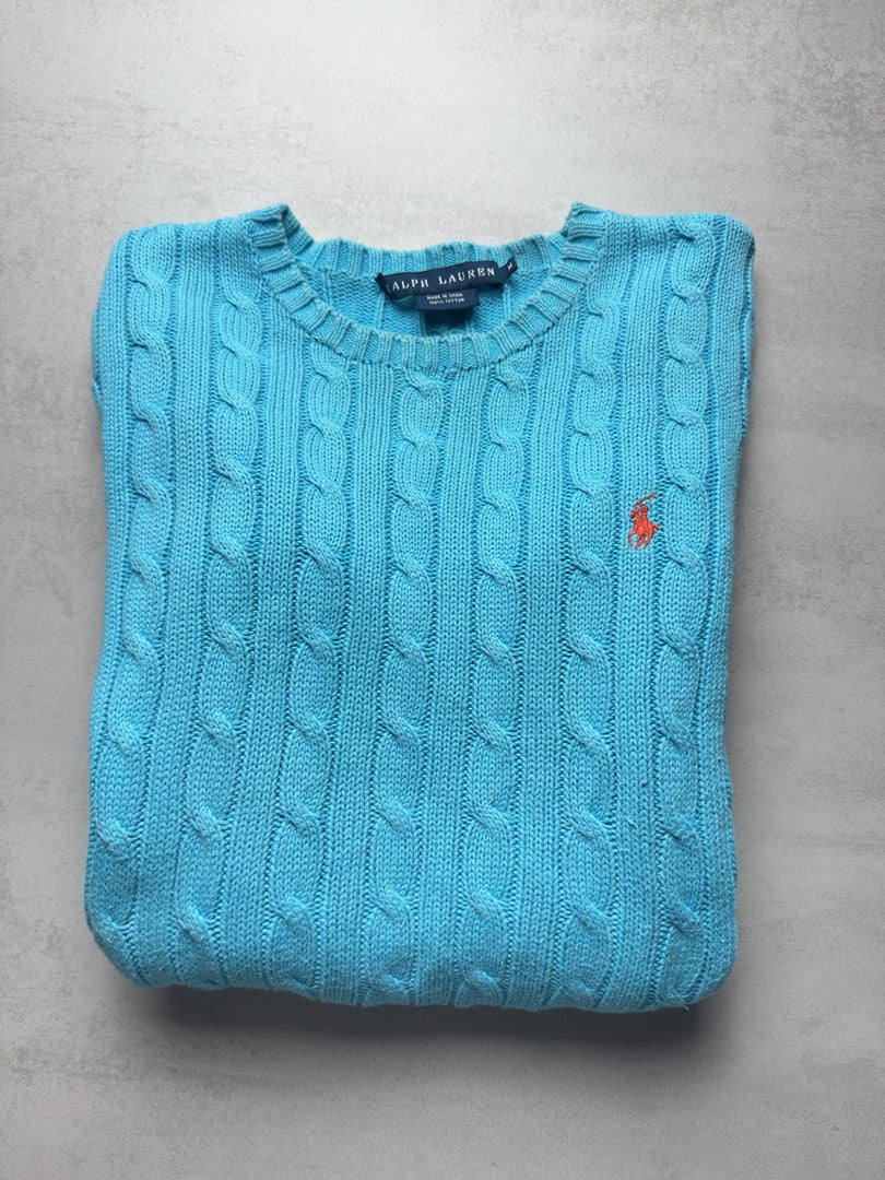 Pull bleu turquoise torsadé en maille Ralph Lauren femme M turquoise W181