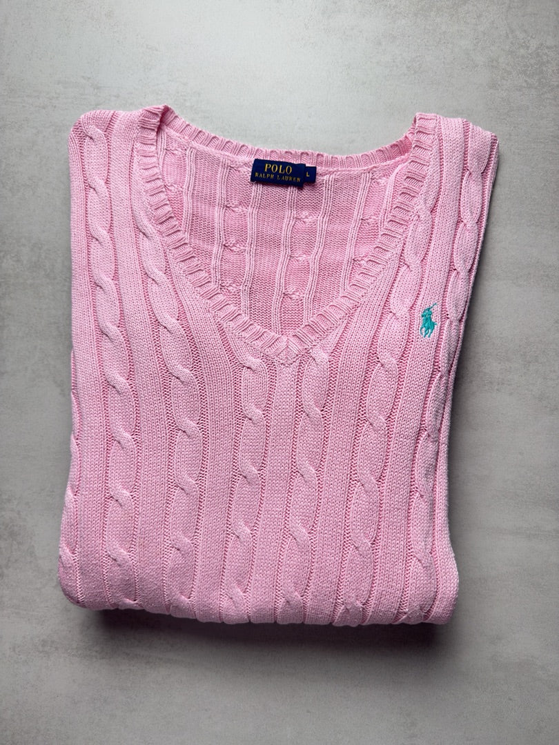 Pull col V rose clair torsadé en maille cable knit femme Polo Ralph Lauren taille femme L W182