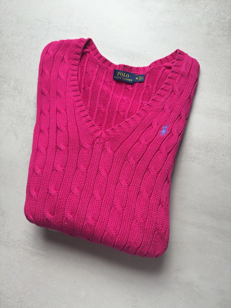 Pull rose clair col v femme M torsadé en maille cable knit femme Polo Ralph Lauren W183
