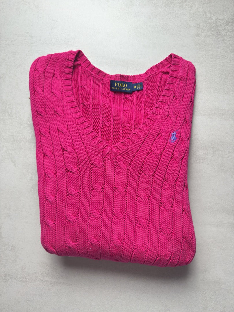 Pull rose clair col v femme M torsadé en maille cable knit femme Polo Ralph Lauren W183