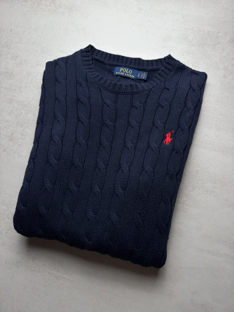 Pull bleu marine torsadé en maille Ralph Lauren taille homme L