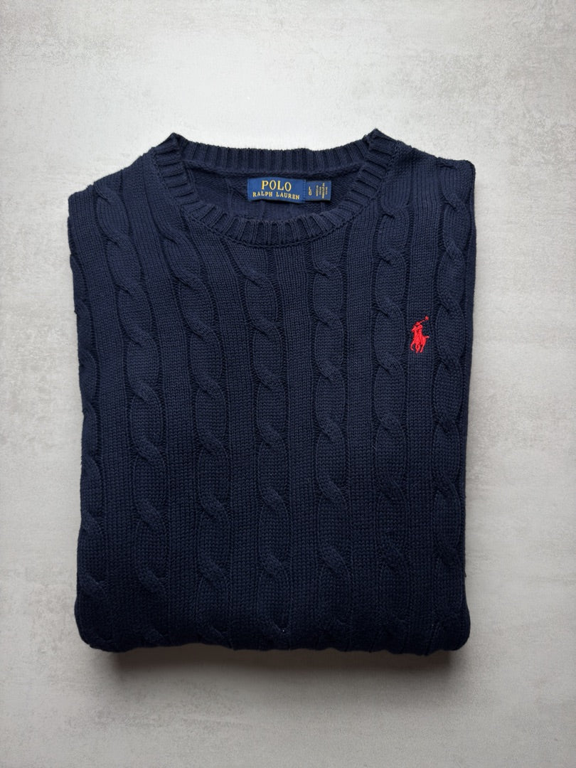 Pull bleu marine torsadé en maille Ralph Lauren taille homme L