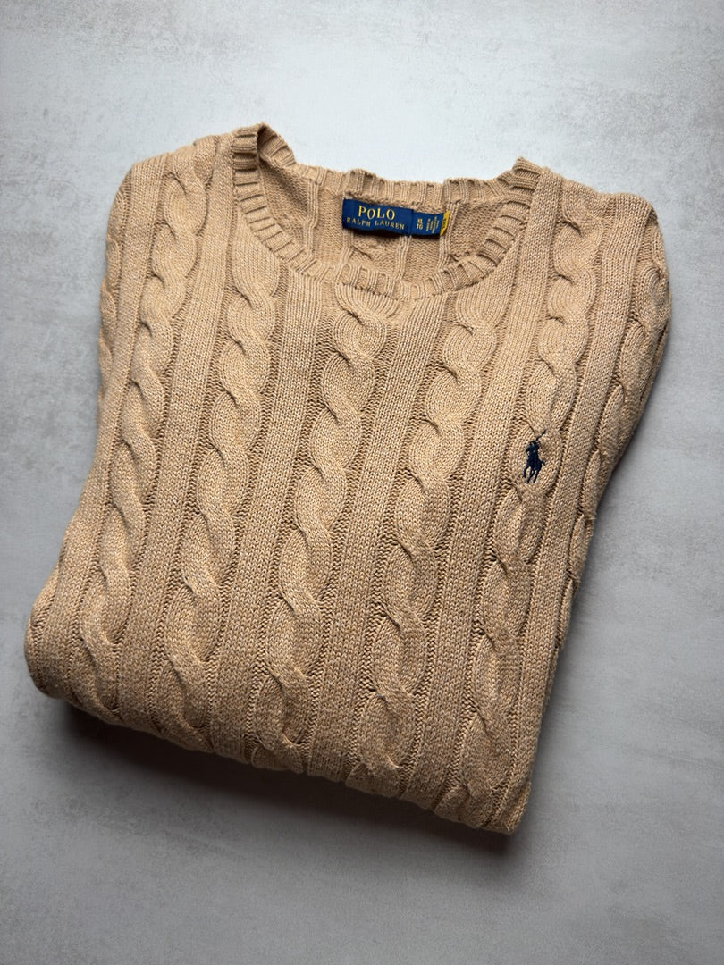 Pull beige camel torsadé en maille cable knit homme Polo Ralph Lauren Xl S195