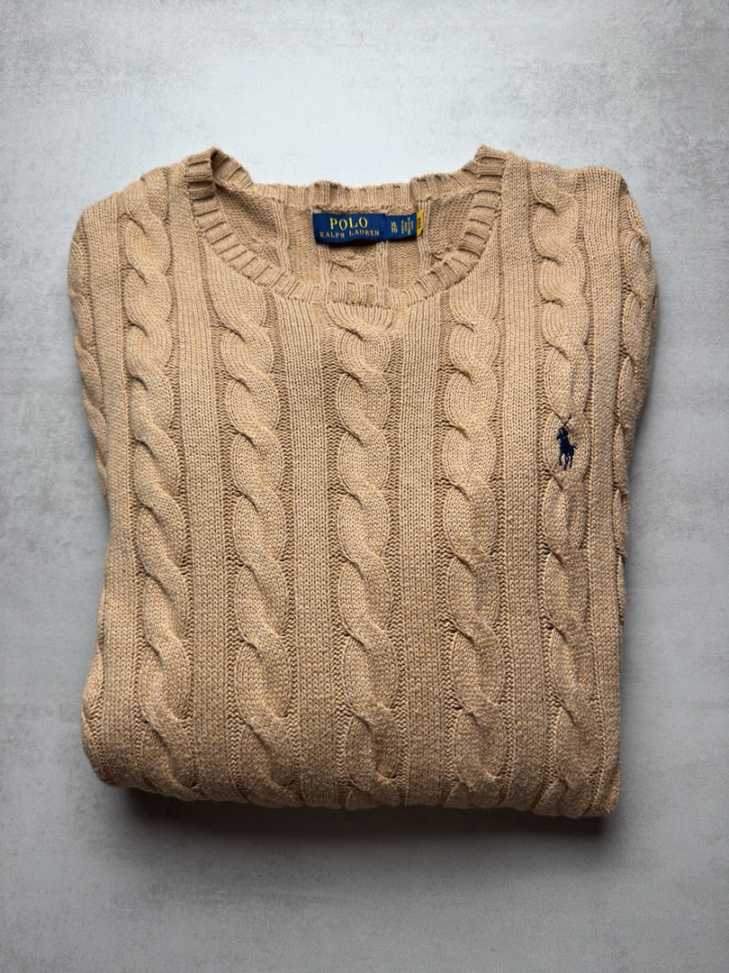 Pull beige camel torsadé en maille cable knit homme Polo Ralph Lauren Xl S195
