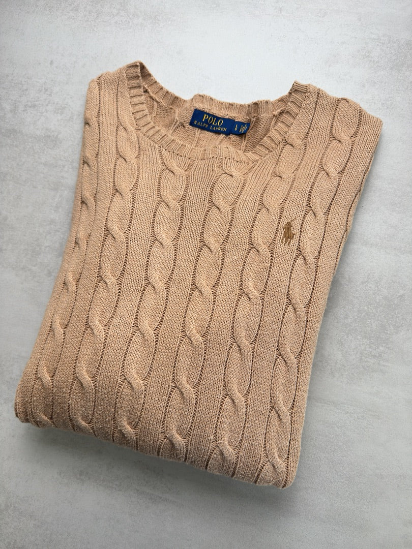 Pull beige camel torsadé en maille cable knit Polo Ralph Lauren taille homme L S213