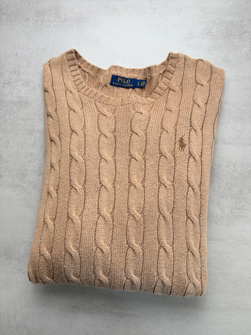 Pull beige camel torsadé en maille cable knit Polo Ralph Lauren taille homme L S213