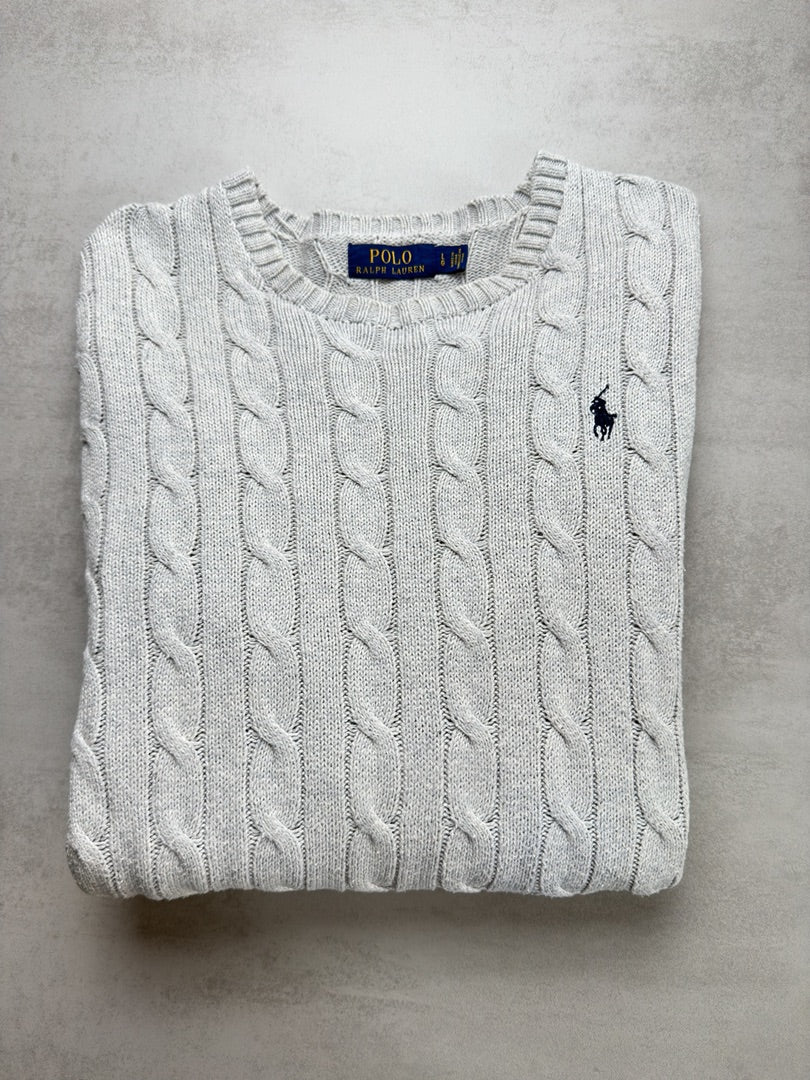 Pull gris homme L clair torsadé en maille cable knit Polo Ralph Lauren taille homme L S235