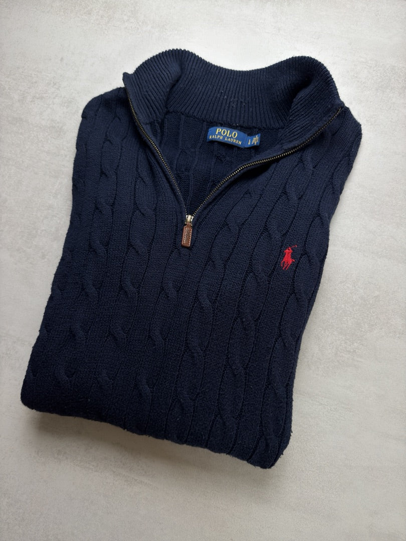 Pull bleu marine 1/4 zip half zip camionneur torsadé en maille bleu marine homme L Ralph Lauren S241