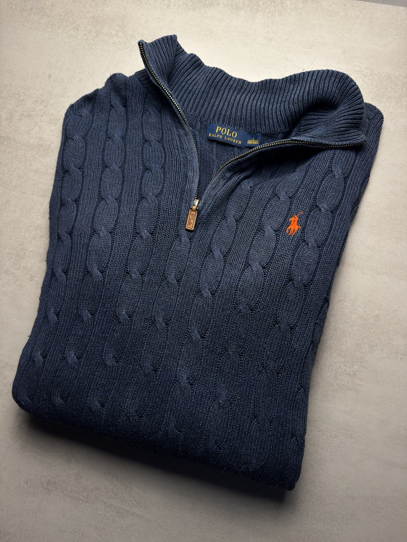 Pull combo 1/4 zip half zip camionneur torsadé en maille cable knit homme Polo Ralph Lauren taille L S258