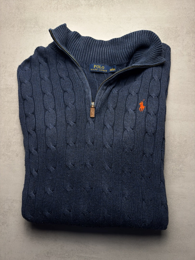 Pull combo 1/4 zip half zip camionneur torsadé en maille cable knit homme Polo Ralph Lauren taille L S258