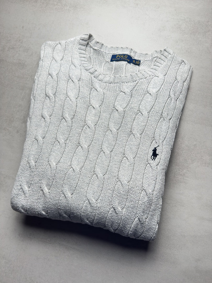 Pull gris torsadé en maille cable knit Polo Ralph Lauren homme Xl S269