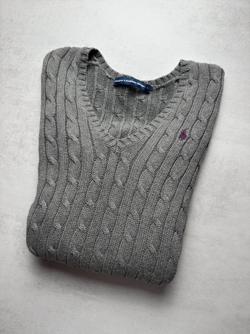 Pull col V gris torsadé en maille cable knit Ralph Lauren femme S W216