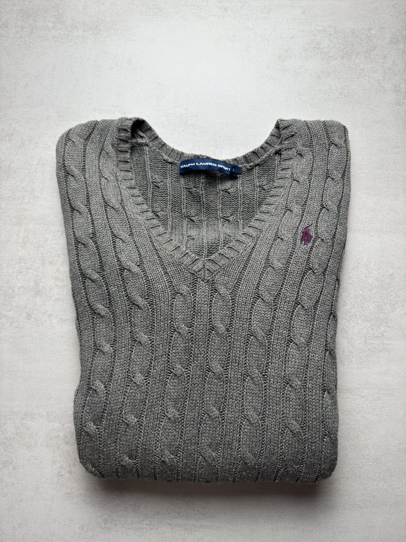 Pull col V gris torsadé en maille cable knit Ralph Lauren femme S W216
