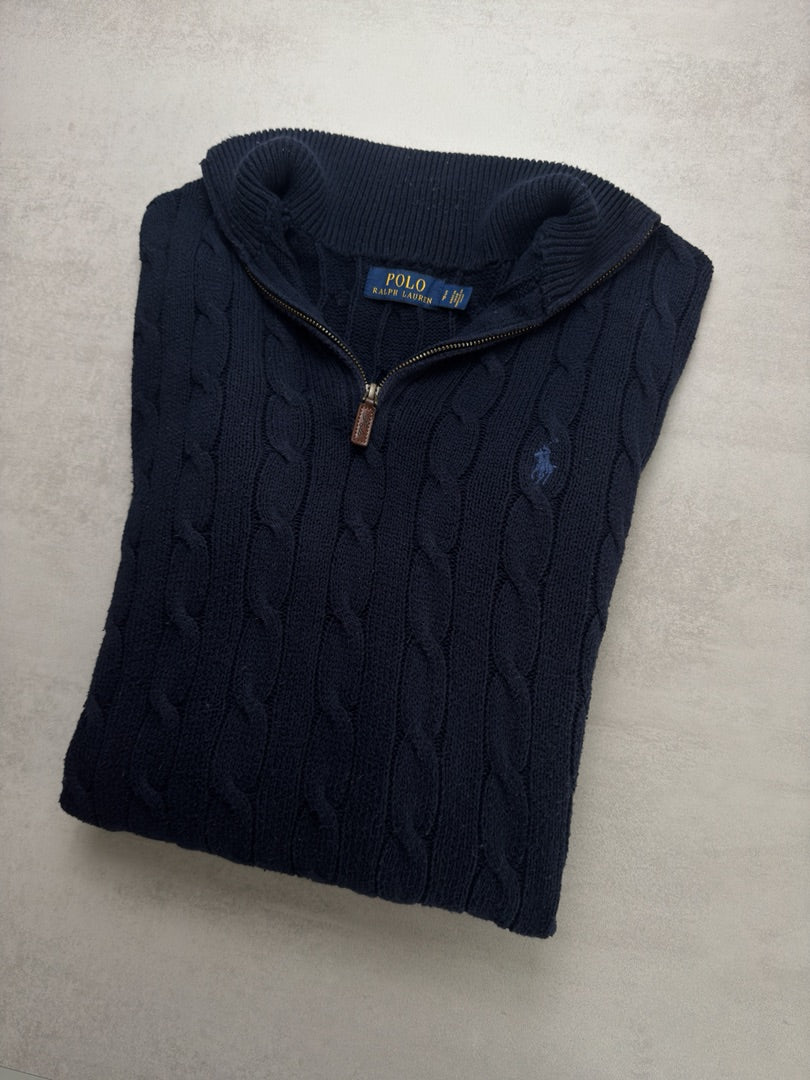 Pull 1-4 zip torsadé en maille cable knit homme Polo Ralph Lauren taille S bleu marine M181