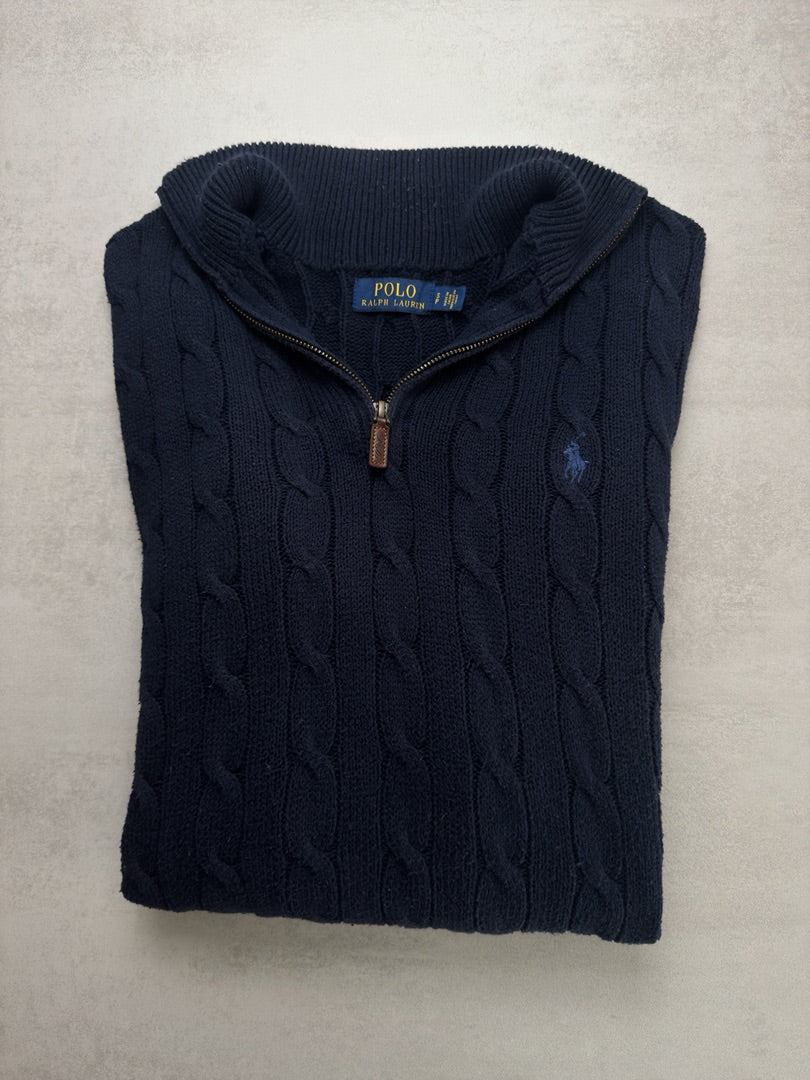 Pull 1-4 zip torsadé en maille cable knit homme Polo Ralph Lauren taille S bleu marine M181