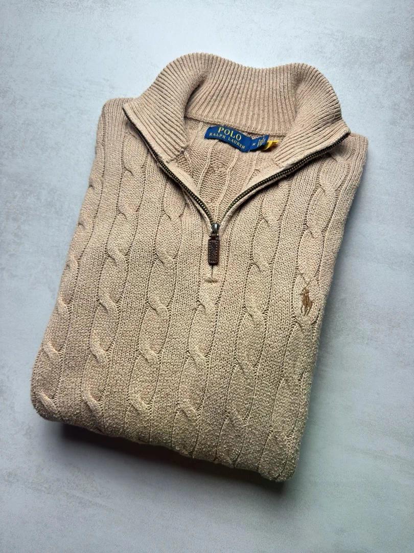 Pull combo torsadé beige camel col zippé Ralph Lauren 1/4 zip beige M homme nouvelle collection M80
