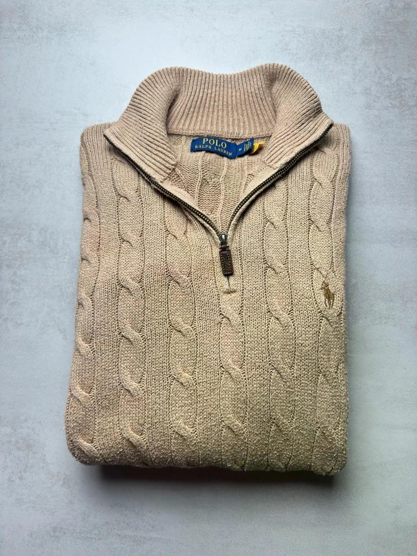 Pull combo torsadé beige camel col zippé Ralph Lauren 1/4 zip beige M homme nouvelle collection M80