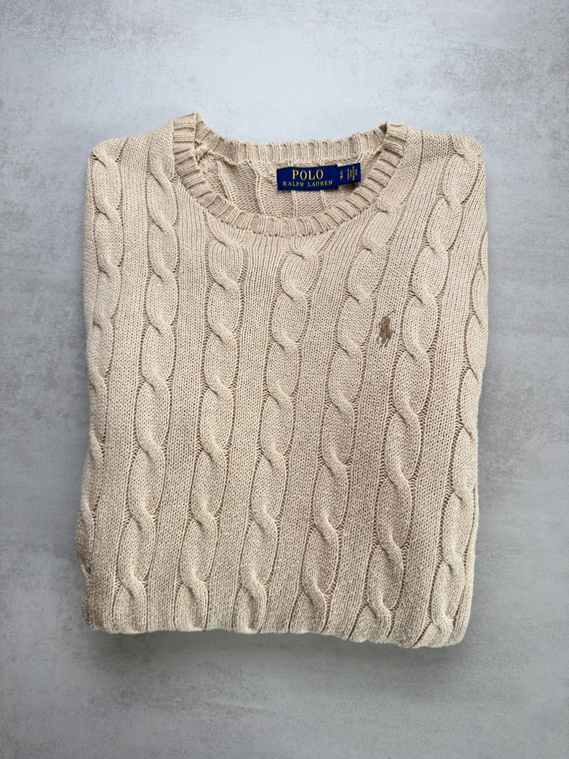 Pull beige torsadé en maille cable knit Polo Ralph Lauren taille homme S M199