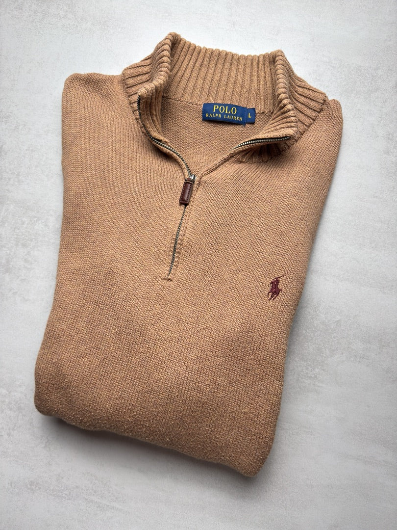 Pull 1/4 zip half zip camionneur en maille beige Polo Ralph Lauren taille L S276