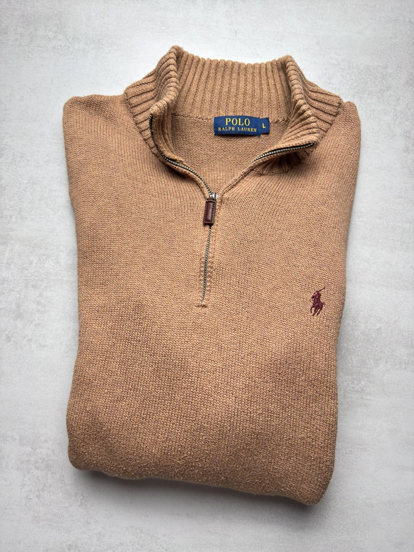 Pull 1/4 zip half zip camionneur en maille beige Polo Ralph Lauren taille L S276