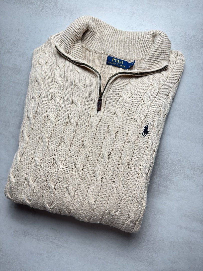 Pull combo col zippé 1/4 zip half zip camionneur torsadé en maille beige Polo Ralph Lauren homme L S277