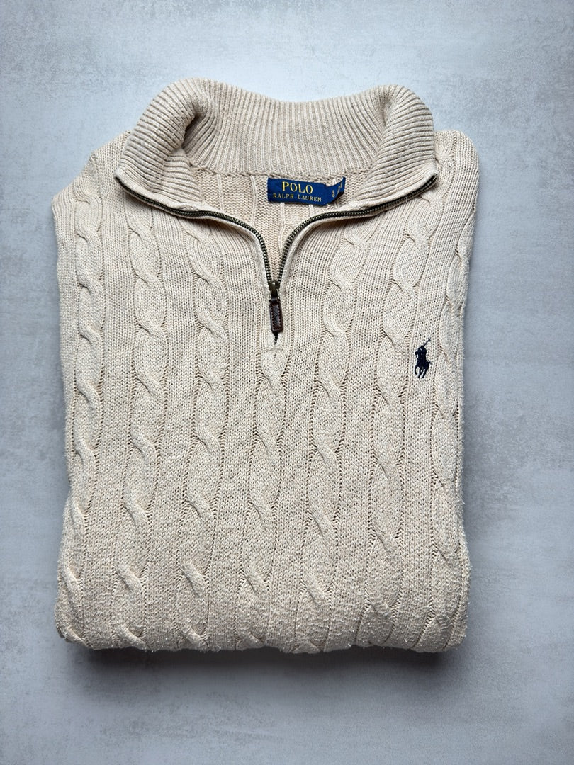 Pull combo col zippé 1/4 zip half zip camionneur torsadé en maille beige Polo Ralph Lauren homme L S277
