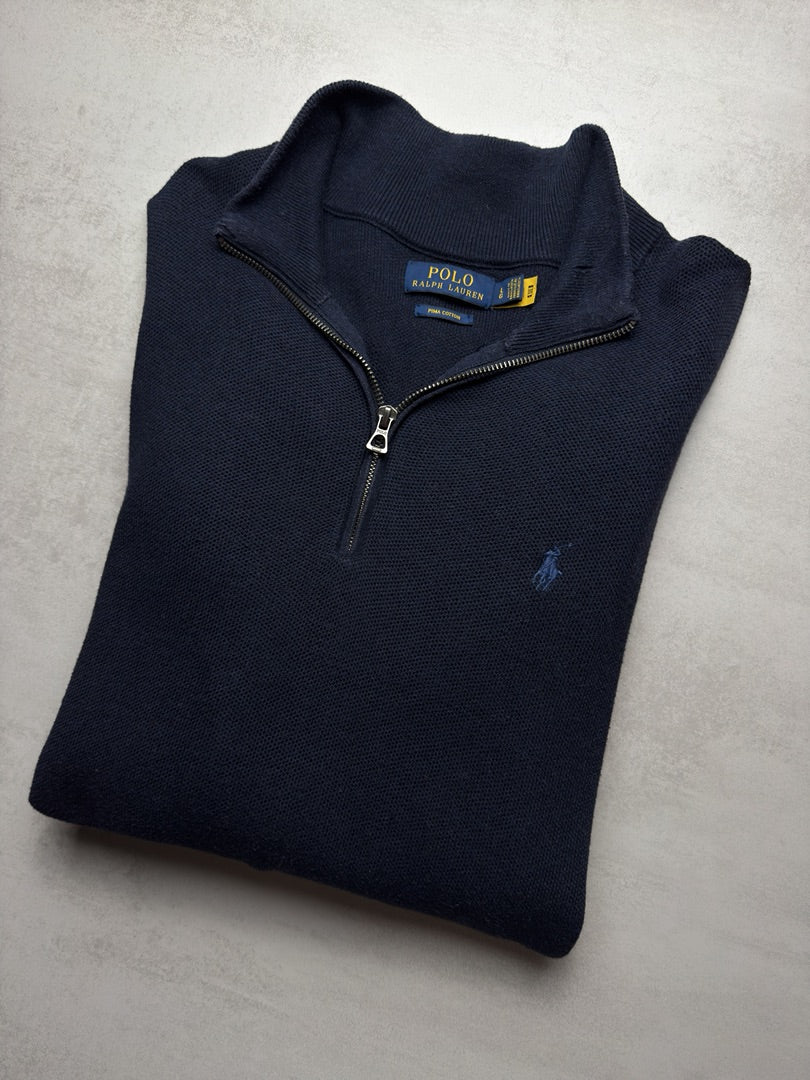 Pull 1/4 zip half zip camionneur bleu marine zippé en maille Polo Ralph Lauren, taille L S280