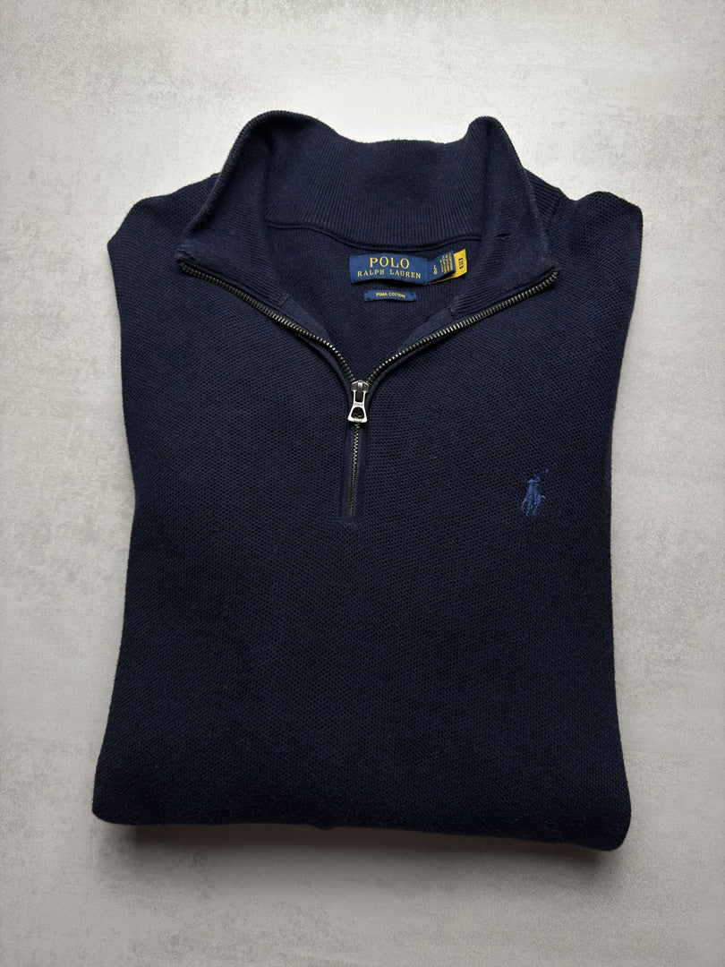 Pull 1/4 zip half zip camionneur bleu marine zippé en maille Polo Ralph Lauren, taille L S280